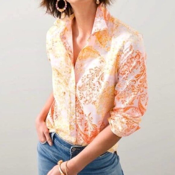 Chico's 3 US 16 No-Iron Chic Stretch Button Up Blouse 3/4 Sleeve Coastal Paisley - Picture 2 of 12